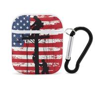 Lineman Am-erican Flag Electric Cable Lineman Case Cover Compatible with AirPods 1&2 Protective PC Shell Carrying Case with Keychain