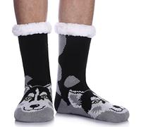 LINEMIN Mens Warm Socks Soft Cozy Fluffy Fleece Lined Winter Non Slip Christmas Socks Indoor Socks, Siberian Husky Dog, One Size