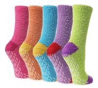 LINEMIN Non-Slip Fuzzy Socks for Women - Cozy Hospital Soft Fluffy Socks With Grips - Winter Warm Slipper, 5 Pairs Mix Green Fuzzy Socks, One size