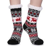 LINEMIN Womens Winter Slipper Socks With Grippers Cozy Warm Cute Fuzzy Slipper Socks, Black Christmas, One Size