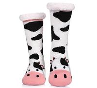 LINEMIN Womens Winter Slipper Socks With Grippers Cozy Warm Cute Fuzzy Slipper Socks, Cow-black and White, One size