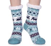 LINEMIN Womens Winter Slipper Socks With Grippers Cozy Warm Cute Fuzzy Slipper Socks, Green Christmas, One Size