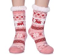 LINEMIN Womens Winter Slipper Socks With Grippers Cozy Warm Cute Fuzzy Slipper Socks, Pink Christmas, One Size