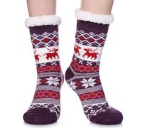 LINEMIN Womens Winter Slipper Socks With Grippers Cozy Warm Cute Fuzzy Slipper Socks, Purple Christmas, One Size