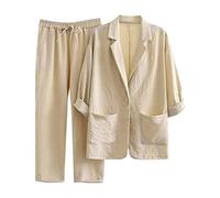 Linen 2 Piece Suit Set for Women - Button Down Shirt and Drawstring Long Pants - Going Out Wedding Casual Loose Summer Ladies Blazer