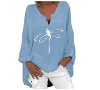 Linen 2024 Shirts for Women Long Sleeve 3/4 Length Sleeve Gauze Spring Tops V-Neck Loose Fit Ladies Blouses Cotton Oversized Graphic Summer Western Crinkle Gauze Plus Size Sheer Blue