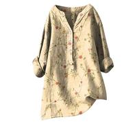 Linen 2024 Shirts for Women Long Sleeve 3/4 Sleeve Gauze Summer Tops Fall Casual Trendy Dress Crinkle Gauze Oversized V-Neck Spring Ladies Graphic Comfortable Cotton Plus Size Club Yellow