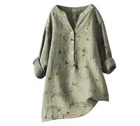 Linen 2024 Shirts for Women Long Sleeve 3/4 Sleeve Gauze Summer Tops Fall Casual Trendy Dress Crinkle Gauze Oversized V-Neck Spring Ladies Graphic Comfortable Cotton Plus Size Club Green