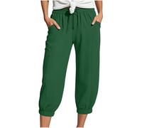 Linen 3/4 Cropped Cuffed Ankles Trousers Womens Solid Color Cotton Linen Pants Drawstring Elasticed Waist Wide Leg Trousers Ladies Casual Loose Comfy Capri Pants with Side Pockets Green