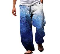 Linen Beach Trousers Men Mens Tie Dye Trousers Elastic Waist Pants With Waves Pattern Summer Pants Lightweight Breathable Trousers Baggy Casual Pants For Vacation Hippy Trousers For Men Uk