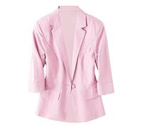 Linen Blazer Women | Suit Jacket Buttons Women Solid Color Slim Fit 3/4 Sleeve Cardigans for Women Fashion Turndown Collar Women's Cardigans with Pockets Women's Suit Jackets & Blazers Petite Pink