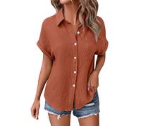 Linen Blouse for Women Summer Short Sleeve Tops Womens Casual Tunic Button V Neck Shirt Women's Oversized Plain Loose T-Shirt Ladies Office Work Cotton Tops Plus Size 8-22