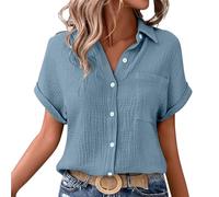 Linen Blouse for Women Summer Short Sleeve Tops Womens Casual Tunic Button V Neck Shirt Women's Oversized Plain Loose T-Shirt Ladies Office Work Cotton Tops Plus Size 8-22