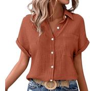 Linen Blouse for Women Summer Short Sleeve Tops Womens Casual Tunic Button V Neck Shirt Women's Oversized Plain Loose T-Shirt Ladies Office Work Cotton Tops Plus Size 8-22 A-Brown