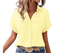 Linen Blouse for Women Summer Short Sleeve Tops Womens Casual Tunic Button V Neck Shirt Women's Oversized Plain Loose T-Shirt Ladies Office Work Cotton Tops Plus Size 8-22 A-Yellow