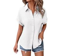Linen Blouse for Women Summer Short Sleeve Tops Womens Casual Tunic Button V Neck Shirt Women's Oversized Plain Loose T-Shirt Ladies Office Work Cotton Tops Plus Size 8-22