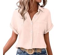 Linen Blouse for Women Summer Short Sleeve Tops Womens Casual Tunic Button V Neck Shirt Women's Oversized Plain Loose T-Shirt Ladies Office Work Cotton Tops Plus Size 8-22 A-Pink