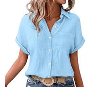 Linen Blouse for Women Summer Short Sleeve Tops Womens Casual Tunic Button V Neck Shirt Women's Oversized Plain Loose T-Shirt Ladies Office Work Cotton Tops Plus Size 8-22 A-Sky Blue