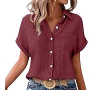 Linen Blouse for Women Summer Short Sleeve Tops Womens Casual Tunic Button V Neck Shirt Women's Oversized Plain Loose T-Shirt Ladies Office Work Cotton Tops Plus Size 8-22