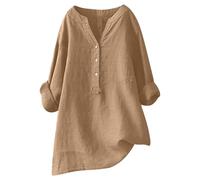 Linen Blouse Women's Blouses Summer Long Shirt Long Blouse Plain Muslin Linen Shirt Plus Size Casual Linen Tops Breathable Basic Shirt Long Blouse Shirt Tunic V Neck Casual Shirt, Khaki #1, M