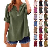 Linen Blouse Women's Elegant Short Sleeve Cotton Linen T-Shirt Linen Shirt Oversized Casual Muslin Blouse Plain Women's Blouses Tops Button Down Shirt Blouse V-Neck Tunic Top Summer, black, XXL