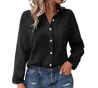 Linen Blouse Women's Long Sleeve Button Down Linen Shirt Plain Elegant Casual Tunic Blouse Shirt Muslin Shirt Long Sleeve Women's Blouses Casual Shirt with Pockets Large Sizes Linen Clothing, black, L