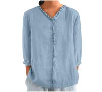 Linen Blouse Womens UK Summer Oversized Women‘s Tshirts Cotton Linen V Neck 3/4 Sleeve Shirt Ladies Fashion Elegant Shirts Work Tunic Top Casual Jumpers Going Out Blouse S-XXL