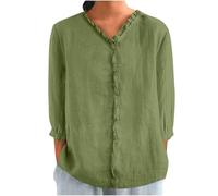 Linen Blouse Womens UK Summer Oversized Women‘s Tshirts Cotton Linen V Neck 3/4 Sleeve Shirt Ladies Fashion Elegant Shirts Work Tunic Top Casual Jumpers Going Out Blouse S-XXL