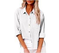 Linen Blouses for Women UK Cotton Linen Shirts Button Down Shirt Casual Loose Long Sleeve Office Work Tunic Tops V Neck Roll Up Long Sleeve Blouse Loose Fit Plain Tee Shirt with Pocket