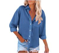 Linen Blouses for Women UK Long Sleeve Button Down Tops Spring Autumn Cotton Linen Shirts with Breasted Pocket Business Casual Office Tops Slim/Regular Fit Classic Blouses A Blue M
