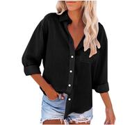 Linen Blouses for Women UK Long Sleeve Button Down Tops Spring Autumn Cotton Linen Shirts with Breasted Pocket Business Casual Office Tops Slim/Regular Fit Classic Blouses A Black M