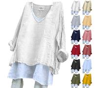 Linen Blouses for Women UK Summer Linen Tops for Women UK Plus Size Long Sleeve Shirts with Pockets Lightweight Crewneck Tunic Tops Baggy Solid Sales Clearance A White