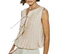 Linen Bow Tie Front Tank Top Women Coquette Pleated Peplum Blouse Y2K Babydoll Ruffle Shirt Sleeveless Tunic Outfits, Beige, S