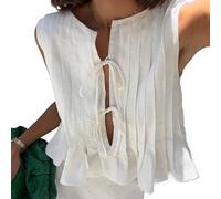 Linen Bow Tie Front Tank Top Women Coquette Pleated Peplum Blouse Y2K Babydoll Ruffle Shirt Sleeveless Tunic Outfits, White, M