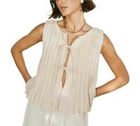 Linen Bow Tie Front Tank Top Women Coquette Pleated Peplum Blouse Y2K Babydoll Ruffle Shirt Sleeveless Tunic Outfits(Apricot,Medium)