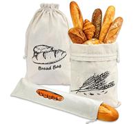 Linen Bread Bags, 3 Set, Reusable Drawstring Food Storage Bags, 2 Pack 45cm x 30cm and 1 Pack 16cm x 64cm, for Homemade Breads