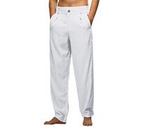 Linen Business Trousers Men, Solid Color Trouser with Double Pleated, Comfortable Breathable Dress Pants, Suit Loose Straight Leg Office Trousers with Button, Lightweight Summer Beach Pants White
