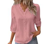 Linen Button Shirts for Women UK 3/4 Sleeve Neck Solid Color Tops Ladies Spring Trendy Loose Blouse Tshirt 2026 Spring Summer Fashion Clothing Outfits (C3 Pink,M)