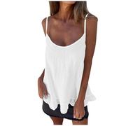 Linen Camisole Tops for Women UK Sale Clearance Summer Sleeveless Loose Fit V Neck Vest Top Solid Flared Shirt Plain Tee Blouses Tunic Swing Spaghetti Strap Cotton Linen Cami Tops Ladies White