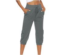 Linen Capri Pants for Women UK, Cropped Trousers with Elasticated Waist and Pockets Summer Solid Casual Work Trousers Beach Pants Loose Fit Ladies Track Lounge Yoga Pants Harem Pants Gray