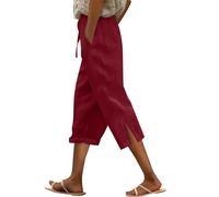 Linen Capri Trousers for Women, 2025, Summer, Plus Size, High Waist, Linen Trousers, Elastic, Jogging Bottoms, Straight Leg, Lounge Trousers, Loose Fit, Work Trousers, Wide Leg, 3/4 Trousers with