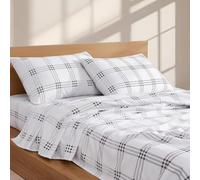 Linen Closet 160 GSM 100% Cotton Percale Sheet Set Queen Gray Tartan