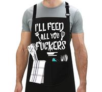 LINEN CLOSET®Funny Gifts for Men Bbq Chef Aprons for Men Rude Black Kitchen Cooking Grilling Aprons for Christmas Cooking Gifts for Dad Son Father Husband with 2 Pockets- I'll Feed All You