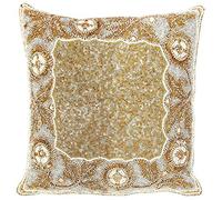Linen Clubs Floral border Hand Beaded Decorative Pillow cover 14x14Square Gold, handmade by skilled Artisans, A beautiful and elegant accessory to dress up your couch, sofa or bed