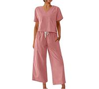 Linen Co Ord Set Sale Clearance Ladies Leisure Suits Tracksuit Womens Two Piece Outfit Plus Size Summer Co Ord Sets For Women UK Lounge Wear Solid Color Short Sleeve Tops & Long Trousers Sets