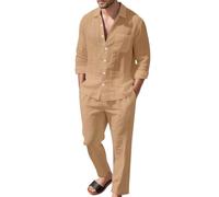 Linen Co Ord Sets for Men, Mens Summer Outfits 2 Piece Set, Longsleeve Buttondown Shirt with Loose Fit Wide Leg Pants Lightweight Beach Suit for Holiday Loungewear