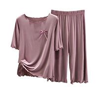 Linen Co Ord Sets for Women Comforty Pajamas 2 Piece Sets Slim Thin Short Sleeve Round Neck Sets Solid Color Tops and Elastic Waist Homewear Shorts Suits Summer Casual Loungewear Outfits Sets M-4XL