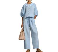 Linen Co Ord Sets for Women Peter Pan Collar Puff Sleeve Two Piece Outfit with Drawstring Wide Leg Pants Casual Summer Loungewear Co Ord Sets Ladies Co Ord Outfits Sky Blue L