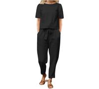 Linen Co Ord Sets for Women Trouser and Top Plus Size Two Piece Short Sleeve Tops Elastic High Waist Drawstring Trousers Sets Round Neck T Shirt Pants Suit Outfits Casual Homewear Summer Loungewear