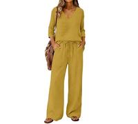 Linen Co Ord Sets for Women UK Plus Size Two Piece Airport Travel Outfits Spring Summer 3/4 Sleeve V-Neck Henley Tops Wide Leg Drawstring Holiday Beach Trousers Going Out Lounge Wear Sets for Women UK